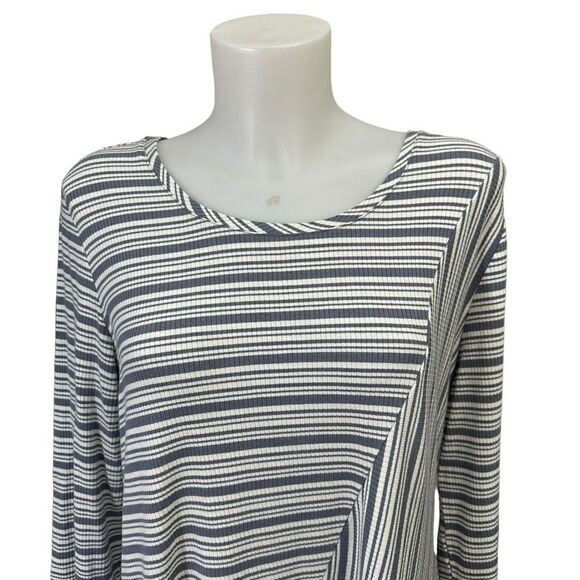 LOGO Lori Goldstein Gray Assymetric Striped Longsleeve Tunic Top Lace trim sz L - Picture 2 of 7